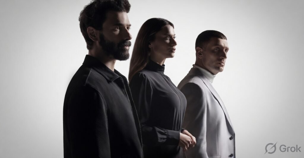 Three main characters from the Yeraltı TV series: Bozkurt, Ceylan, and Haydar Ali, standing in a dramatic studio portrait with a bright background.