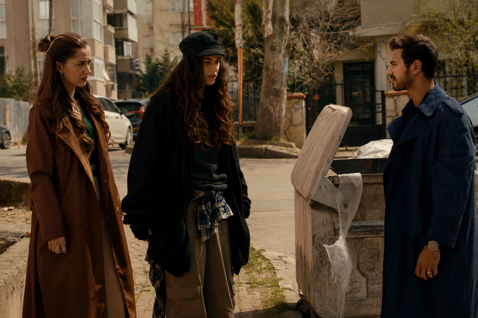 Ates, Mercan, and Eylul reunite during a tense street confrontation in Arafta Season 2.