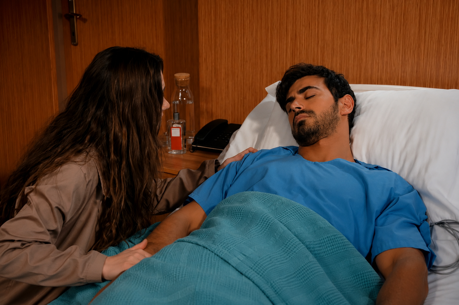 Ates lies in a hospital bed while a concerned woman sits beside him in Arafta Season 2.