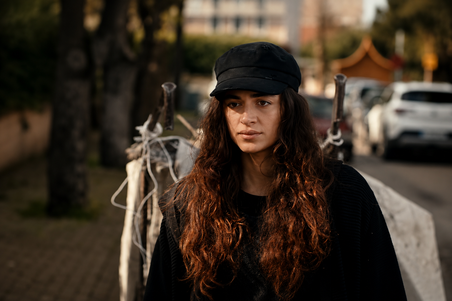 Eylul Aslan in Arafta Season 2 wearing a black cap and dark outfit during an emotional outdoor scene.