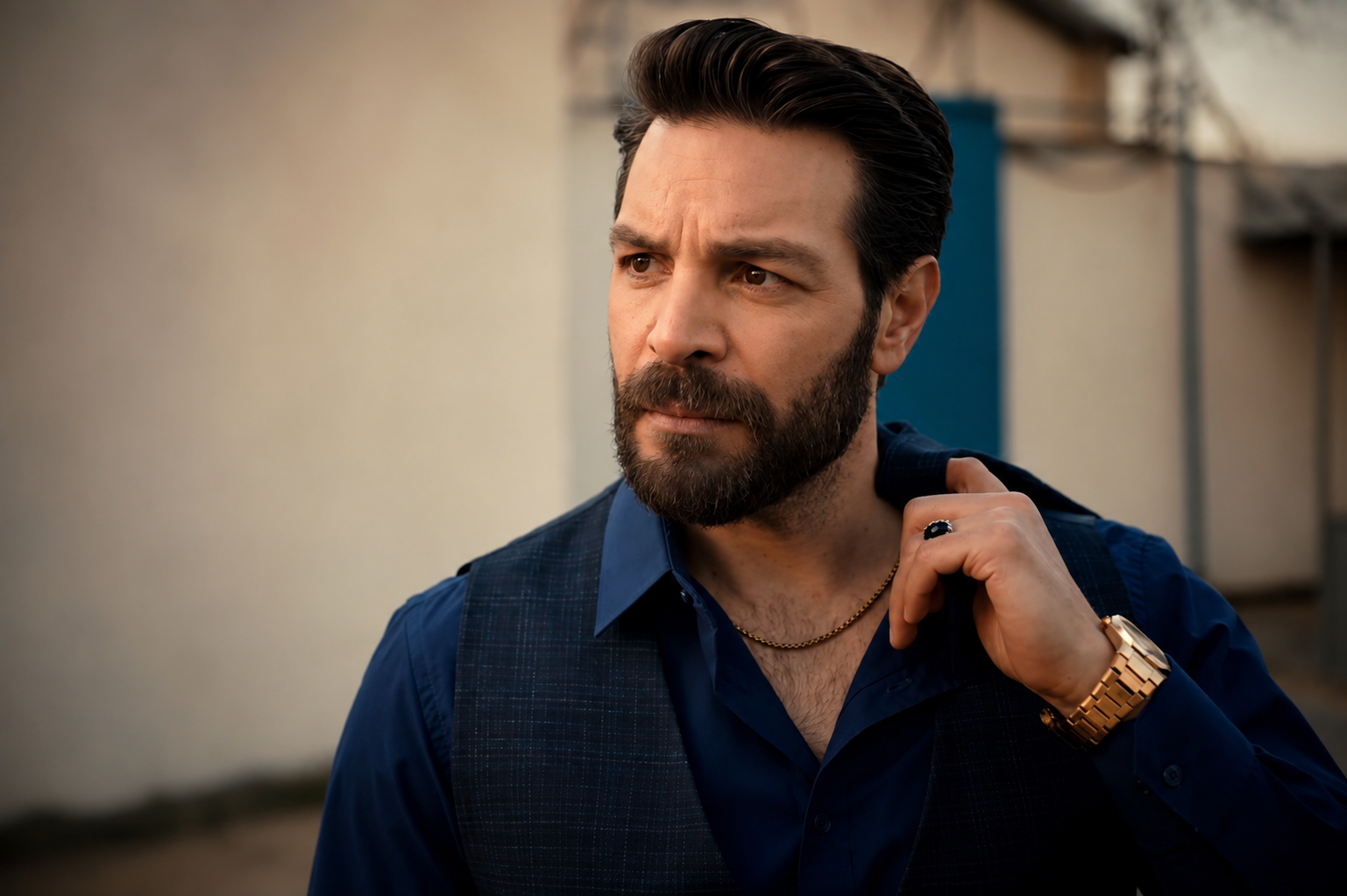 Hazar Bozbey in Arafta Season 2 wearing a navy blue shirt and waistcoat during an intense scene.