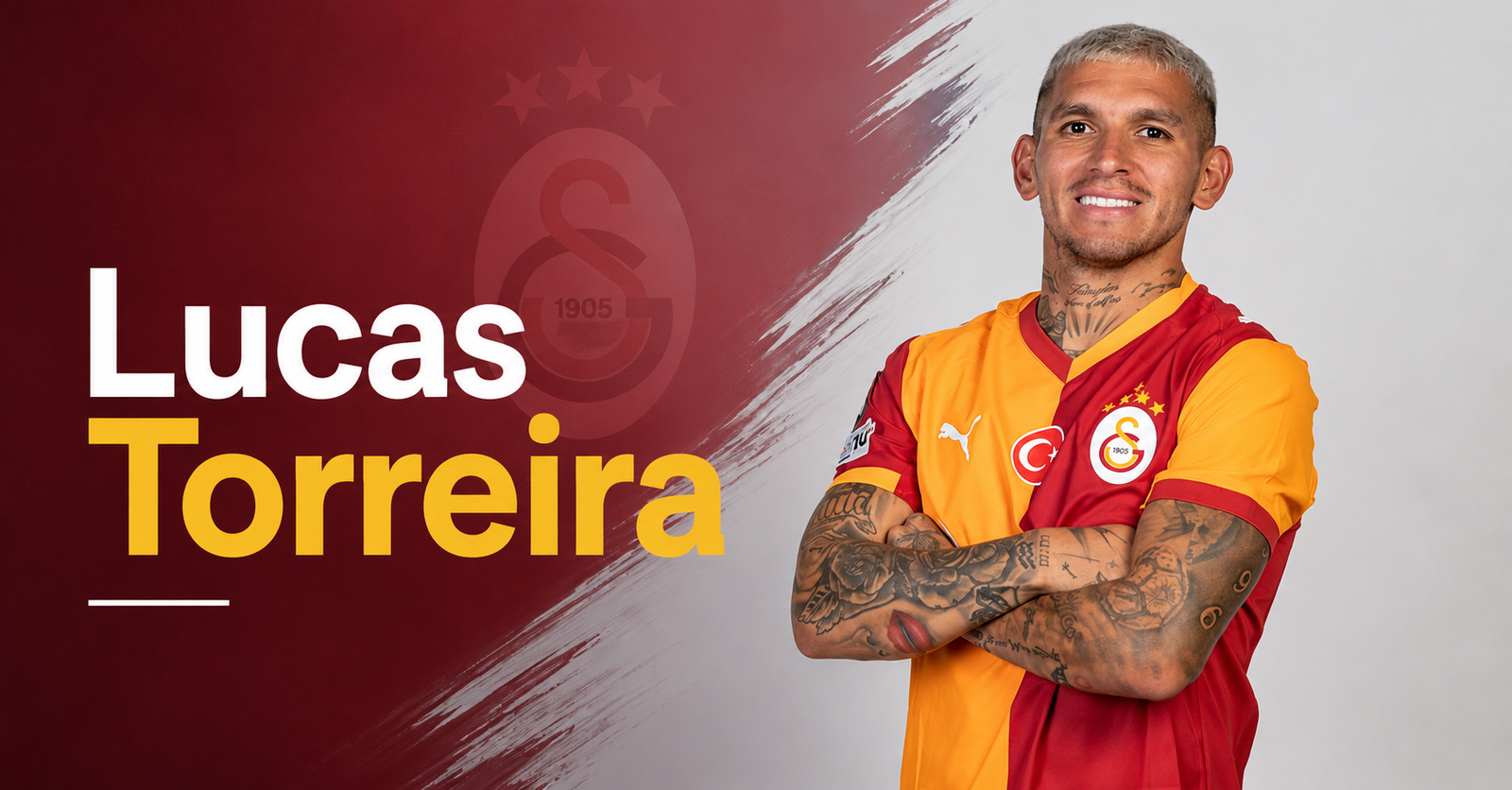 Uruguayan footballer Lucas Torreira in a Galatasaray jersey, featured in an article about Devrim Özkan's former relationship and dating history.