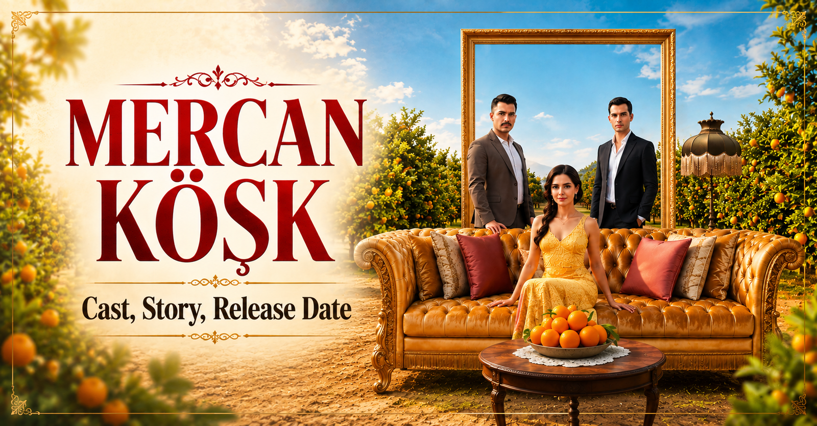 Mercan Köşk Turkish drama cast, story and release date featuring the lead actors in an orange orchard.