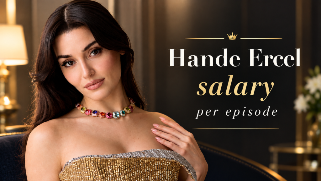 Hande Ercel in a glamorous editorial portrait with her salary per episode