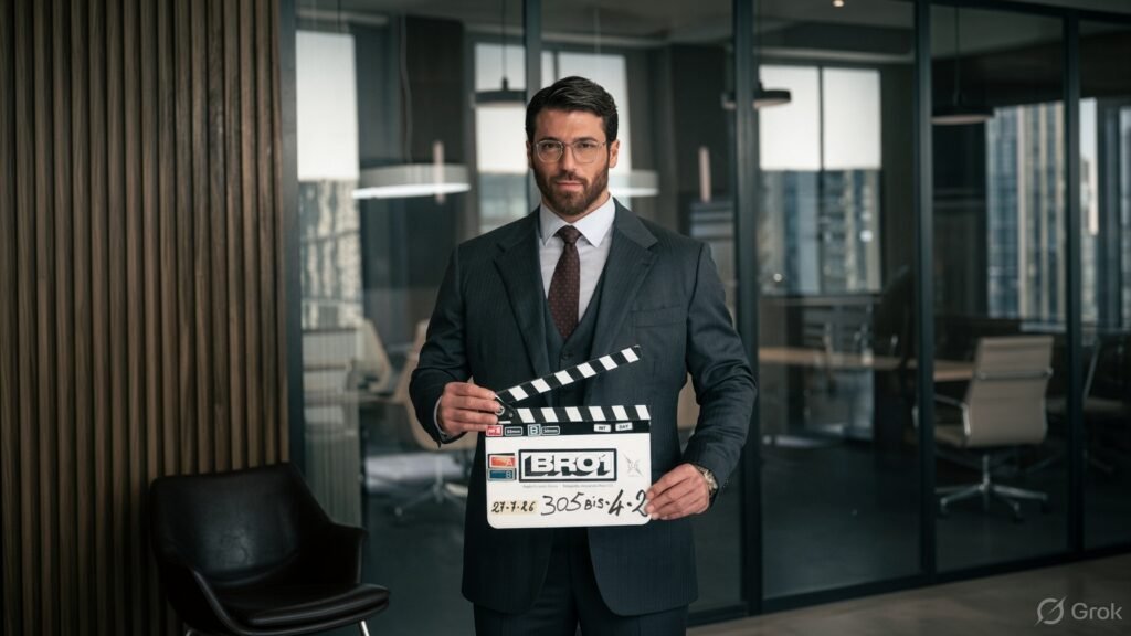 Can Yaman sul set di Bro con ciak BRO1, fine riprese della serie Prime Video, nuovo look da avvocato