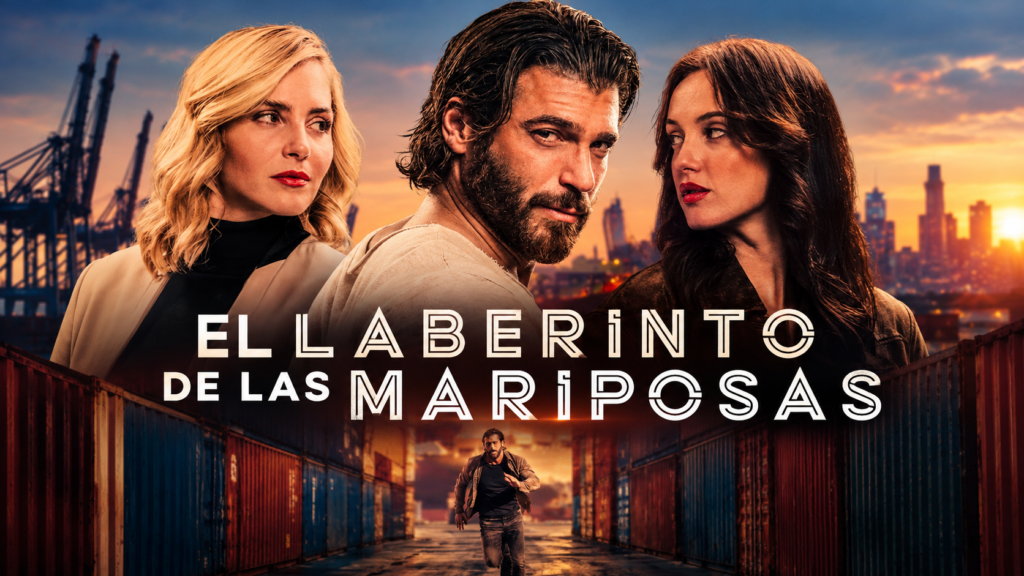 El laberinto de las mariposas: imagen promocional con tres personajes principales y un puerto al atardecer.