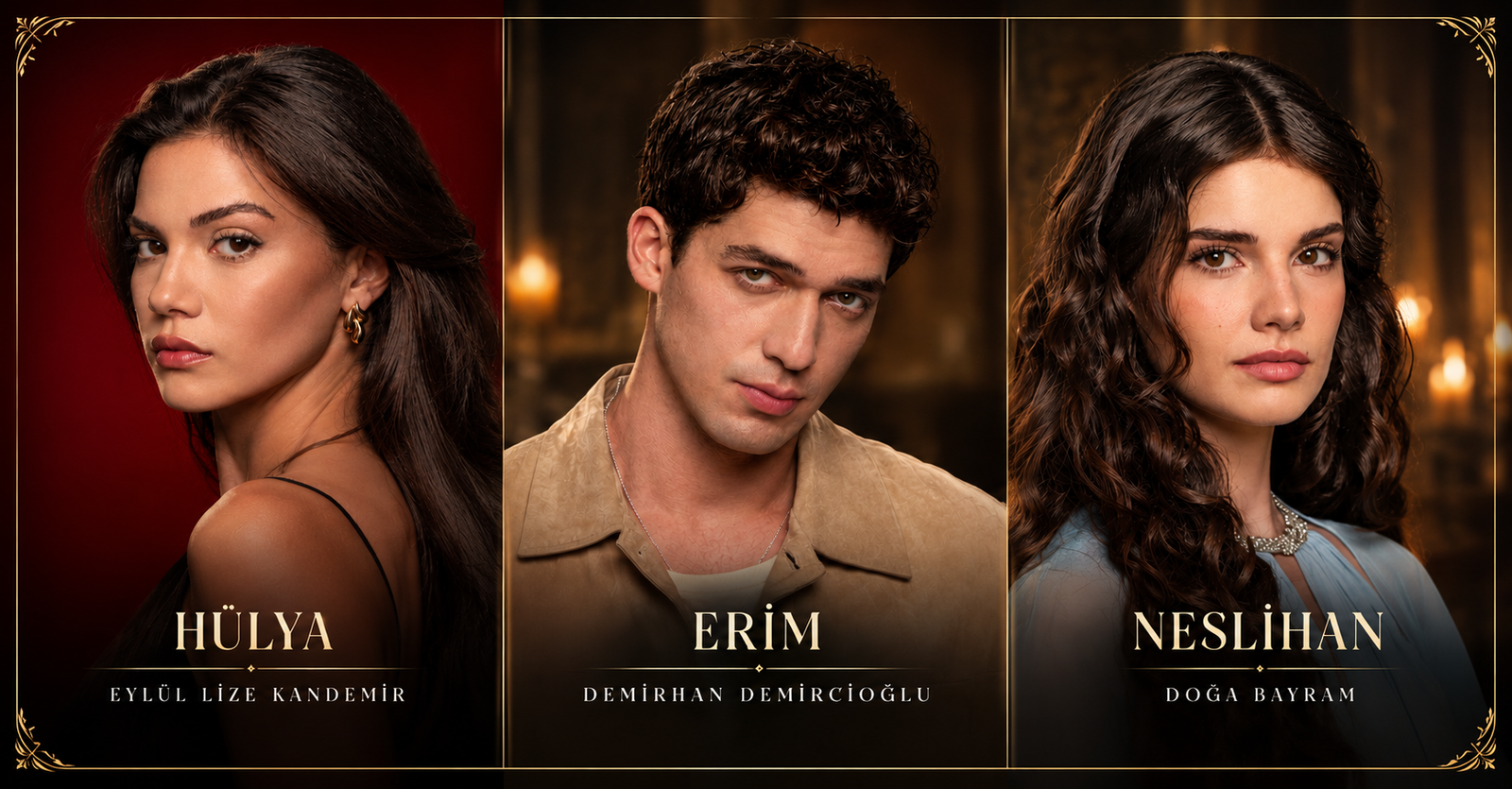 Başkalarının Hayatı cast: Hülya (Eylül Lize Kandemir), Erim (Demirhan Demircioğlu) ve Neslihan (Doğa Bayram).